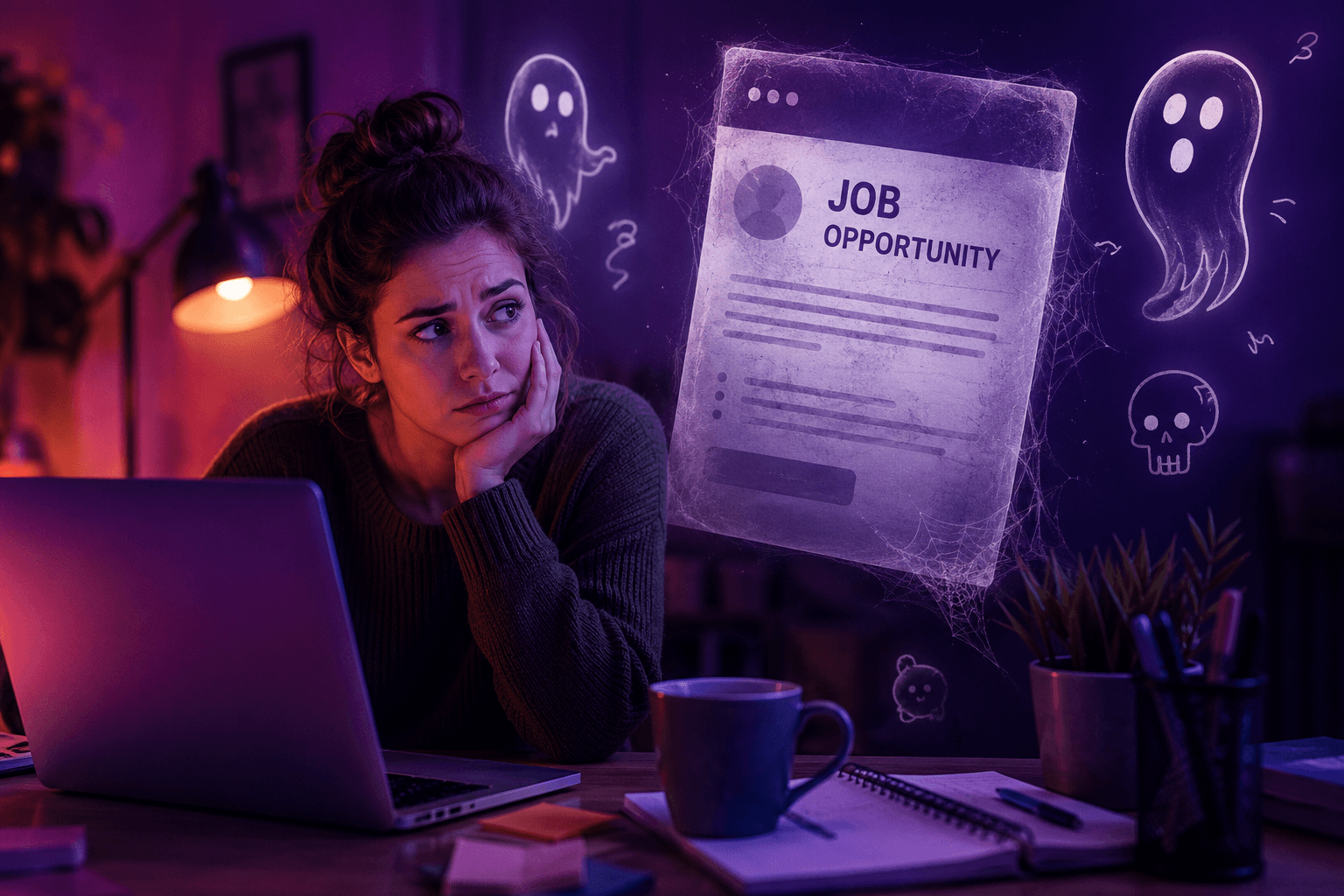 A ghostly job listing rising from the dead, symbolising reposted job advertisements