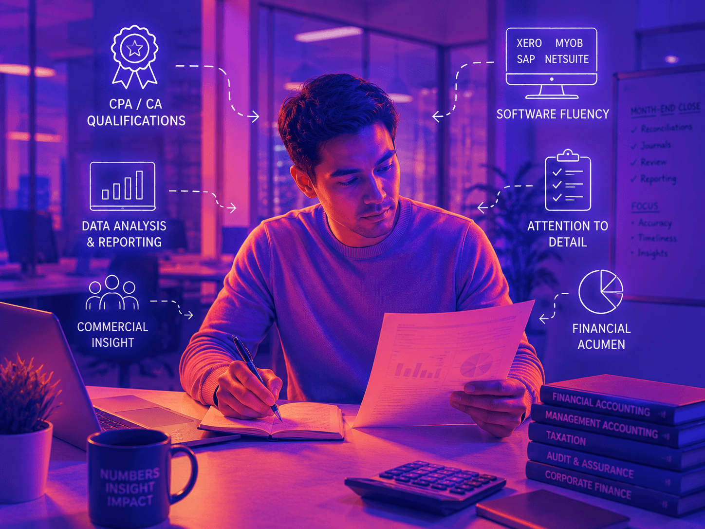 Accountant at a desk reviewing documents, with annotation overlays for CPA and CA qualifications, Xero, MYOB, SAP and NetSuite software fluency, data analysis and reporting, attention to detail, financial acumen, and commercial insight