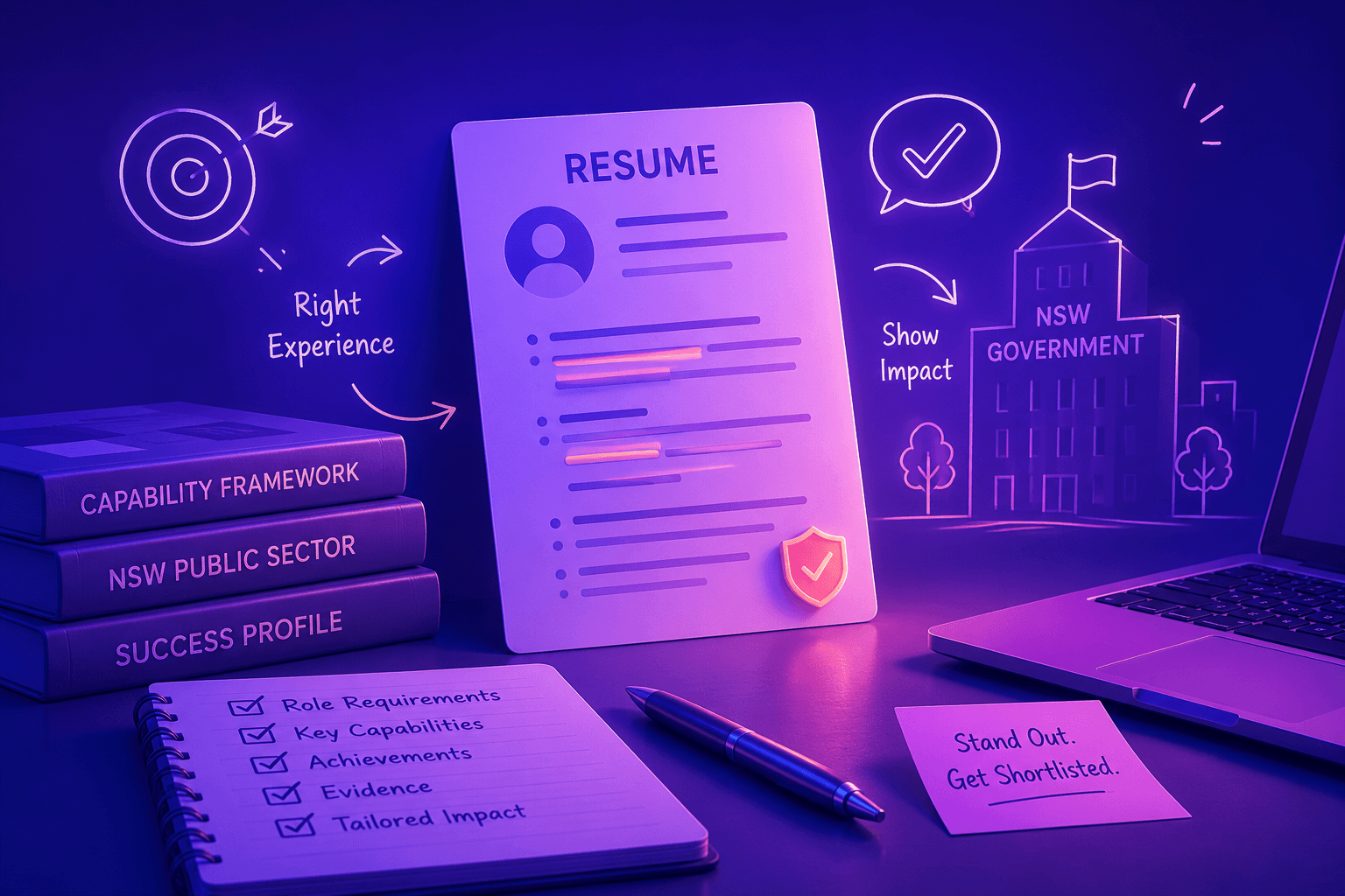 Resume with NSW Government Capability Framework books and checklist in the background