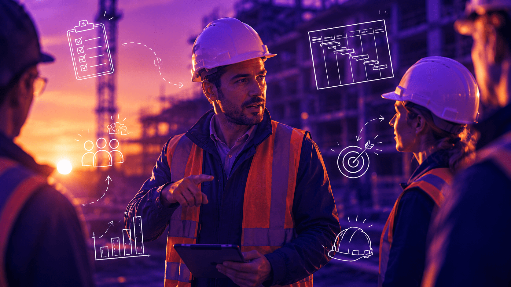 Project manager in hi-vis vest and hard hat on a construction site briefing two colleagues, with annotation overlays for a task checklist, Gantt chart timeline, team structure, delivery target, and performance results
