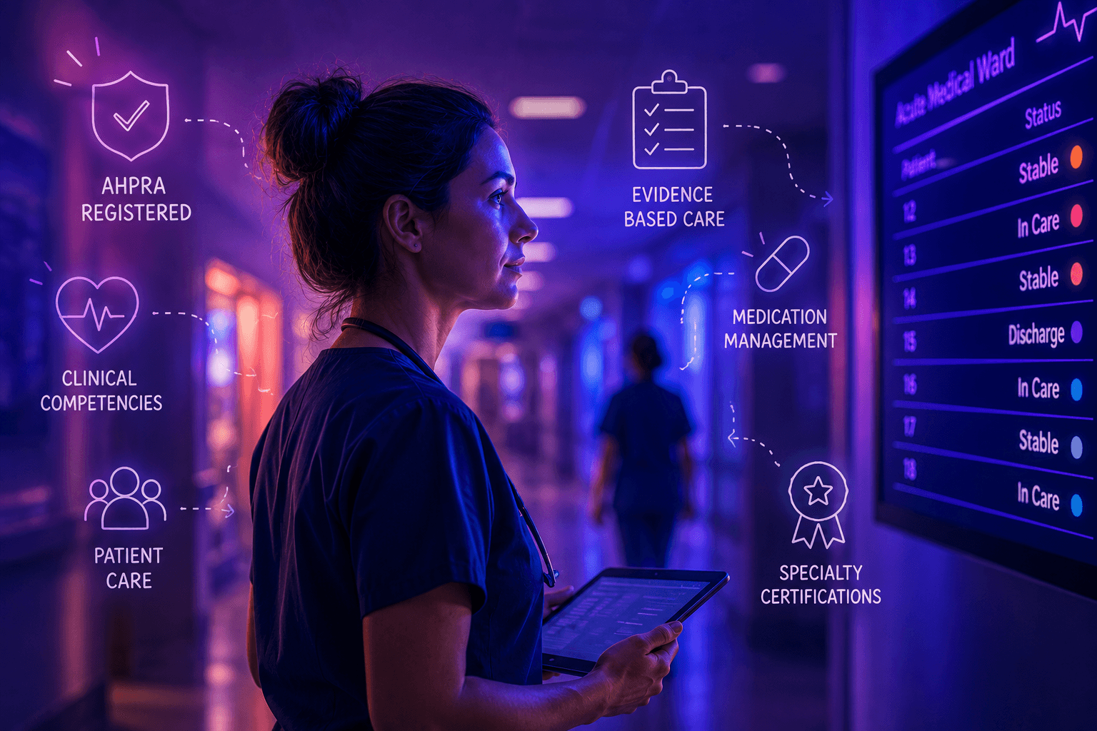 Registered nurse holding a tablet in a hospital corridor beside an acute medical ward patient board, with annotation overlays for AHPRA Registered, Evidence Based Care, Medication Management, Specialty Certifications, Clinical Competencies, and Patient Care