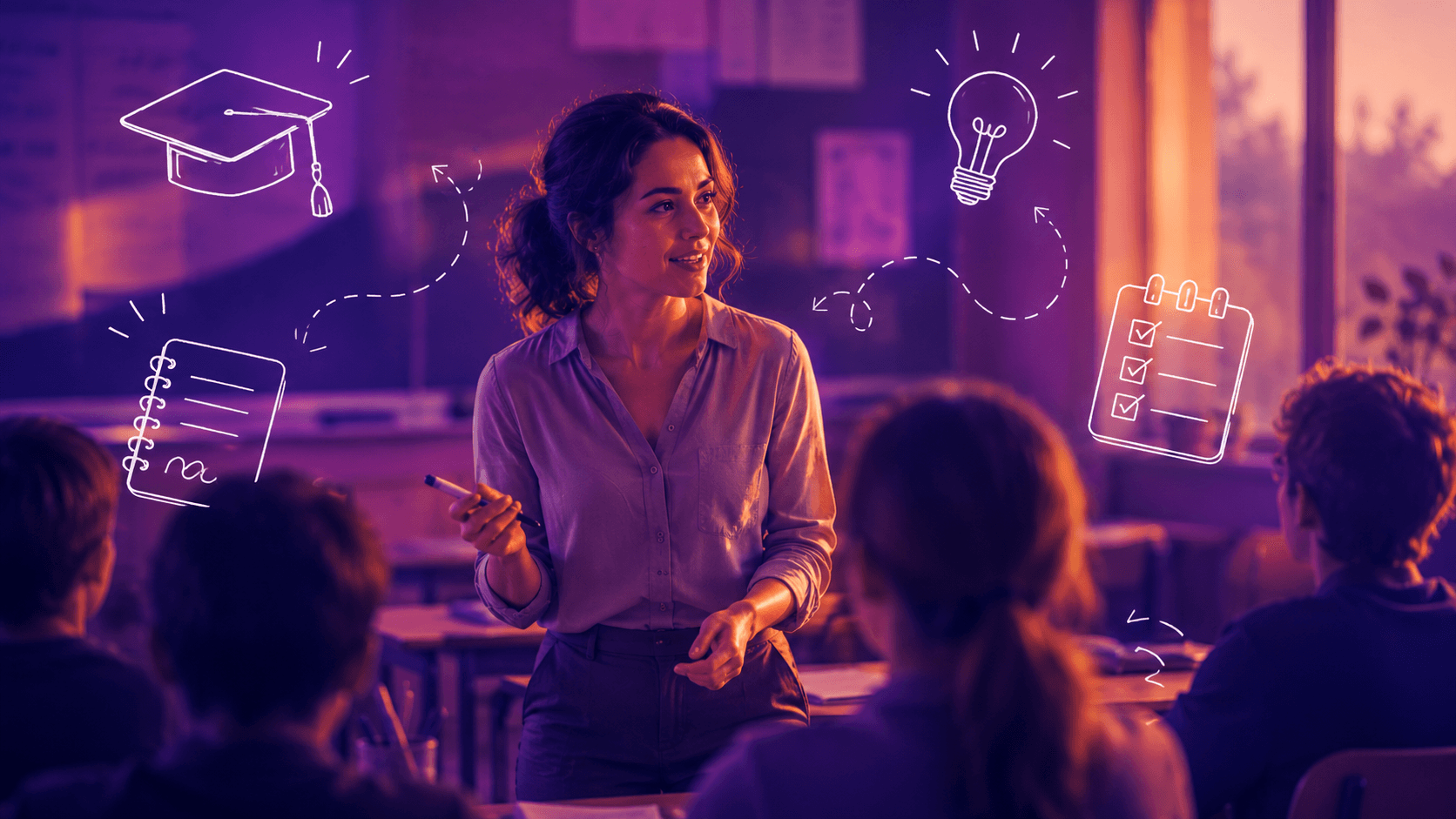 Teacher presenting to a class of students with illustrated overlays of a graduation cap, lightbulb and checklist representing qualifications, innovative teaching and curriculum planning