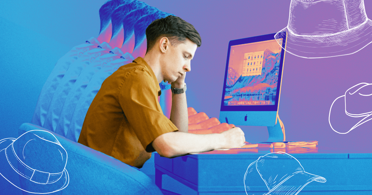 A single person juggling multiple roles and responsibilities at a desk, representing the unicorn job phenomenon